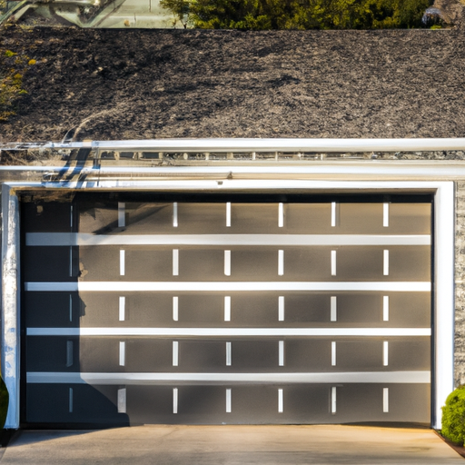 Residential garage door with steel wood-grain finish on a colonial-style Westfield, NJ home in late afternoon light.