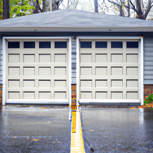 Residential garage door with new weather seals and visible threshold on a Westfield, NJ driveway, late-autumn scene.