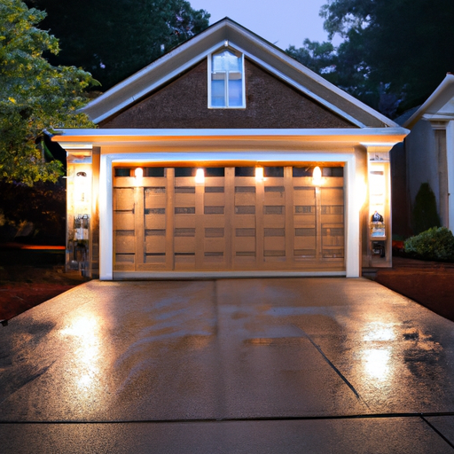 Suburban Westfield driveway with a modern closed garage door at dusk, wet pavement reflecting warm lights.