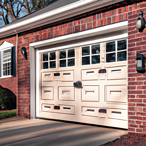Modern residential garage door on a brick Colonial house in Westfield, NJ, with visible hardware and tracks.