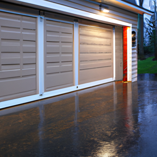 Westfield, NJ suburban home with a modern sectional garage door partially open at dusk; focus on panels and weatherstripping.