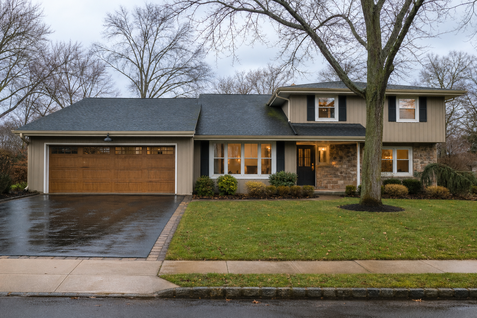 Suburban Westfield home with a visible garage door on a wet day